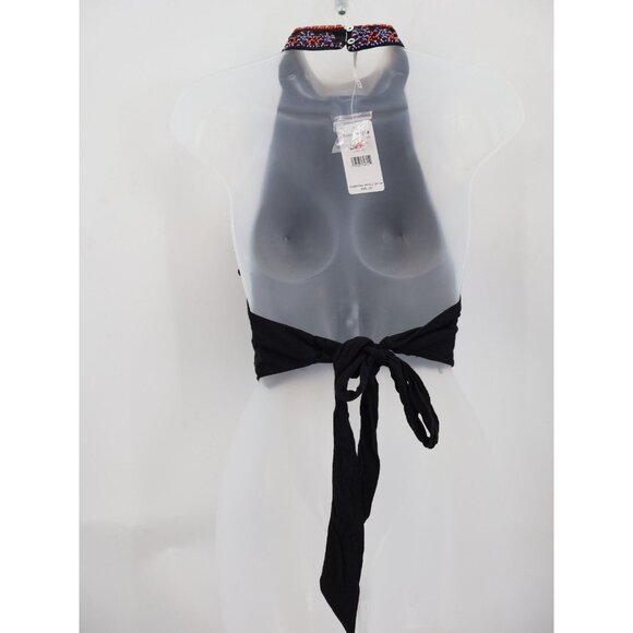 Free People Goa Embroidered Crop Top Black Size XS Tie Back Boho Halter Beaded - Picture 5 of 12